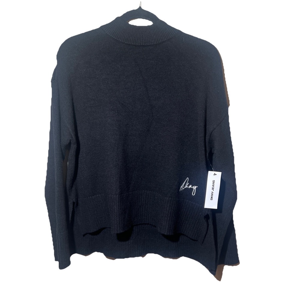 DKNY Jeans Sweater Women L Black High Low Stretch Embroidery Logo‎ Neutral New